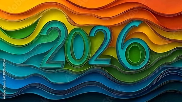 Obraz Vibrant Abstract Paper Cut Layers Forming the Numbers 2026 in a Captivating and Futuristic Design Style  This Visually Striking Composition Showcases Creative Use of Geometric Shapes Fluid Curves