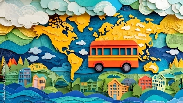 Obraz Vibrant and Colorful Paper Cut Collage Depicting a School Bus Traveling Across an Illustrated World Map Symbolizing the Concept of Global Education Accessibility and Opportunity for All