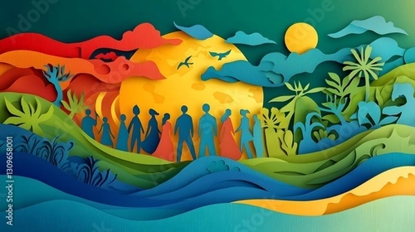 Obraz Vibrant and colorful papercut depicting people from different cultural backgrounds coming together in a harmonious and peaceful setting