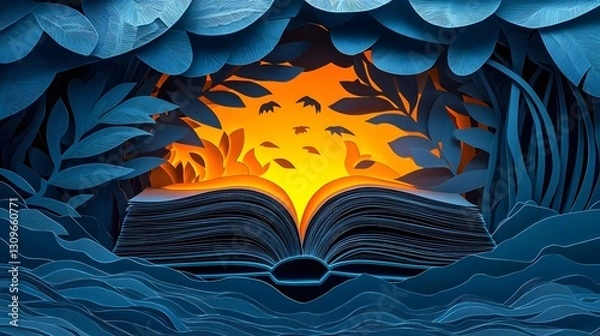 Obraz Vibrant Paper Cut Design of Glowing Book Opening into Enchanting World of Education and Learning  Conceptual depicting a book as a gateway to a lush