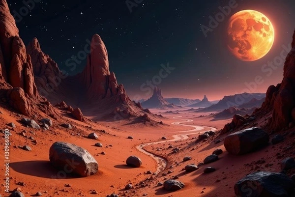 Obraz Dark Martian surface with twisted rock formations, space rocks, outer space