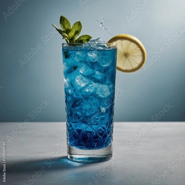 Fototapeta A close-up shot of a Blue Lagoon mocktail in a highball glass, with a gradient of blue hues, garnished with a sprig of mint and a twist of lemon peel, placed on a white surface.
