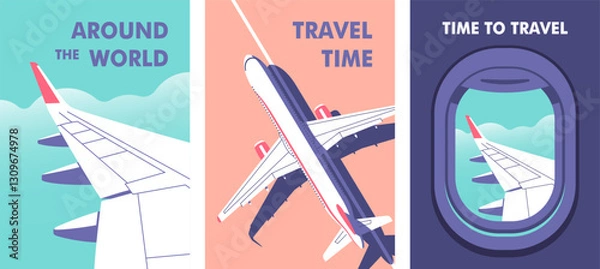 Obraz View through the porthole of aircraft. Passenger plane parked on the runway. Travel, journey concept. Perfect background on the theme of season vacation, weekend. Vector illustration.