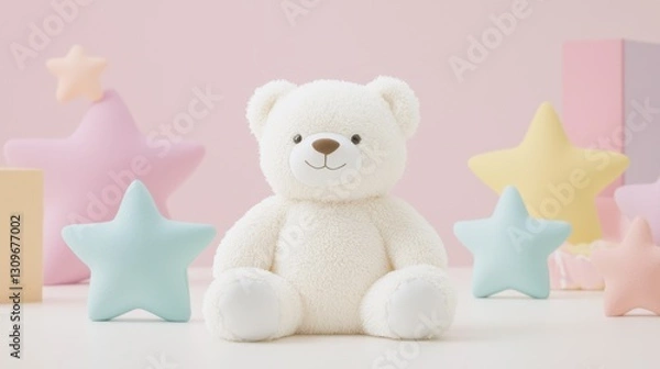 Fototapeta Soft White Teddy Bear Surrounded by Colorful Pastel Stars and Blocks