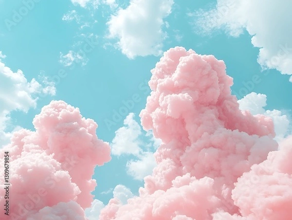 Fototapeta Pink fluffy clouds in a pastel blue sky.
