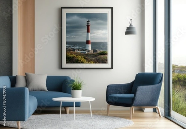 Fototapeta Modern living room with framed lighthouse art. Coastal interior design featuring a framed image of a lighthouse on the coast.