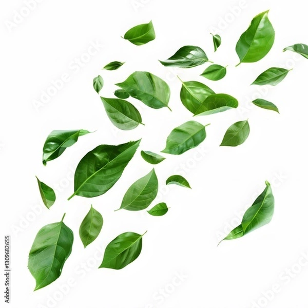 Fototapeta Various Green Leaves Floating in White Space on Bright Background