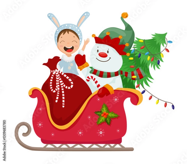 Obraz Snowman And Child In Sleigh