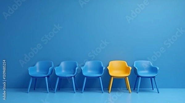 Fototapeta Unique Seating Arrangement: A row of blue chairs with one chair in yellow stands out against a matching backdrop, visually expressing individuality or the idea of standing out.