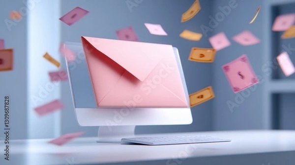 Fototapeta Computer with a pink envelope flying out of it representing an overflowing inbox filled with colorful spam emails