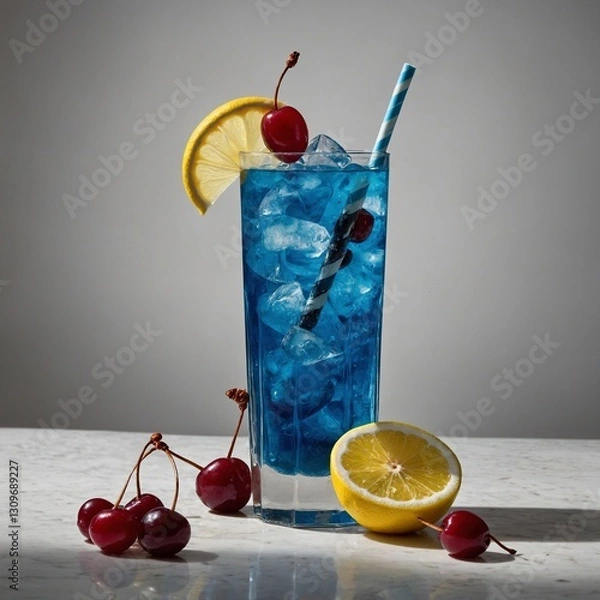 Fototapeta A Blue Lagoon mocktail in a Collins glass, with a mix of blue curaçao syrup, lemon juice, and soda, topped with a skewer of cherries and a twisted lemon peel, photographed against a white background.