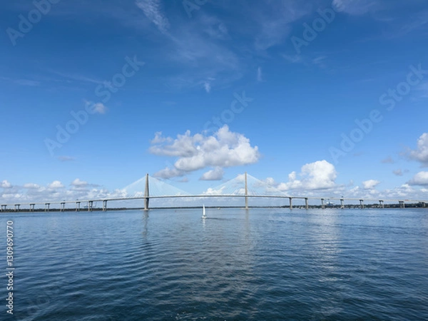 Fototapeta The Arthur Ravenel Jr Bridge spanning across Charleston Bay in South Carolina with sailboats