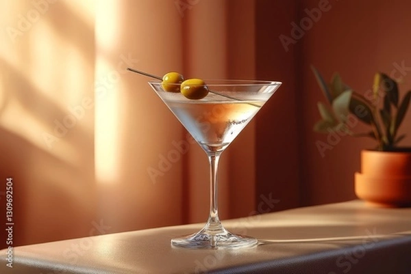 Fototapeta Sunlit glass filled with a perfectly chilled cocktail, garnished with olives. The warm, inviting setting and gentle light reflections evoke relaxation, elegance, and refined taste.