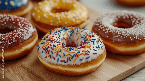 Fototapeta Colorful assorted donuts with sprinkles on wooden board