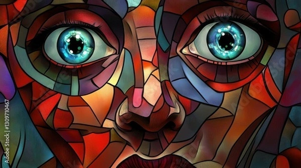 Obraz Vibrant Expression Captured in a Mosaic Art Piece Showing a Close-Up of a Face With Striking Blue Eyes and Colorful Patterns