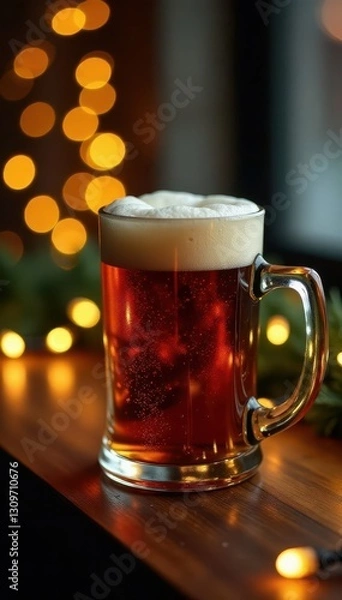 Fototapeta Rich, dark beer fills mugs on table adorned with lights and garland, frosty, rustic
