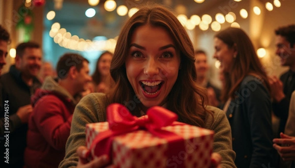 Obraz Smiling woman with gift among joyful crowd. AI image