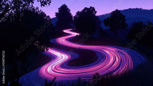 Fototapeta A long-exposure shot of a fast-moving car on a winding road at night, leaving vibrant streaks of red and white light.