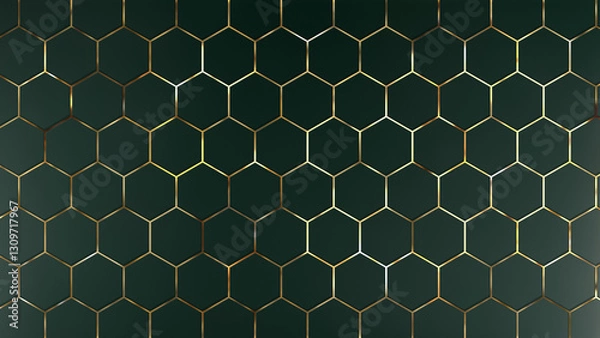 Fototapeta Abstract green background of hexagons with gold accents. Luxury pattern of geometric shapes. Simple minimal elegant expensive background dark green 3d BG.