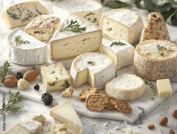 Fototapeta Assorted artisanal cheeses arranged beautifully on a platter