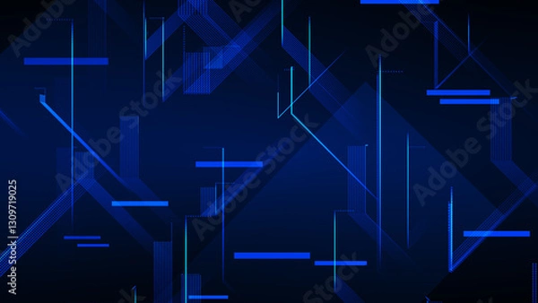 Fototapeta White lines on blue background. Geometric minimalist blue background. Abstract techno background. Blue tech backdrop. Graphic pattern dark blue. News broadcast. TV show screen. Blue grid