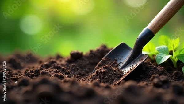 Fototapeta Shovel, spade, and hoe nestled in fertile soil , digging, hoe