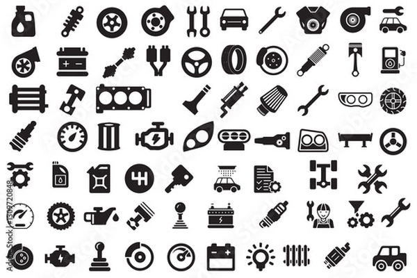 Fototapeta A set of car parts and automotive accessories in vector format. Ideal for repair shop designs, mechanic branding, and car-related infographics.