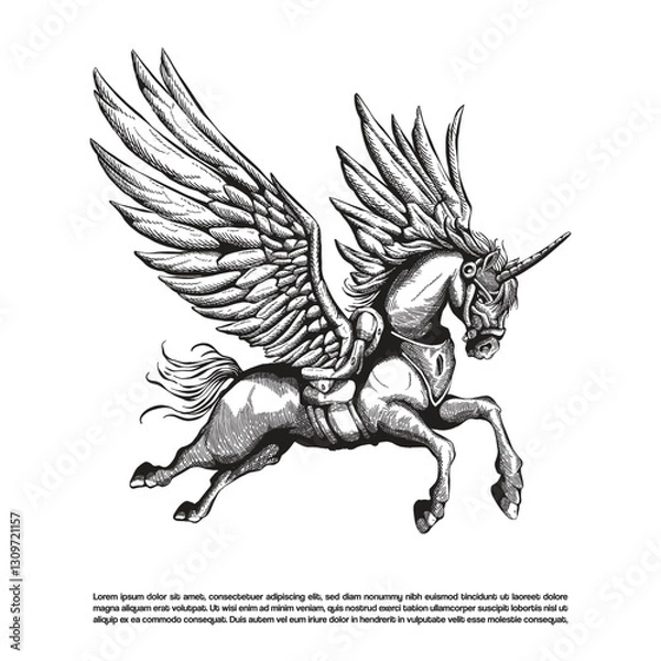 Obraz Hand drawn engraving armored pegasus vector, winged horse illustration