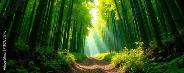 Fototapeta Sunlight filters through dense bamboo canopy on Pipiwai Trail , shadow, scenery, fresh
