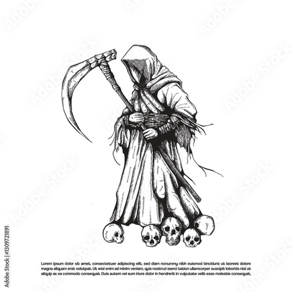 Obraz Dark art hooded killer holding scythe with mask on his face and skull in the ground vector