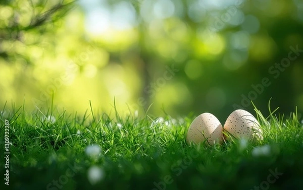 Fototapeta Easter 3d background minimalistic mockup with space for text, fresh green spring meadow background