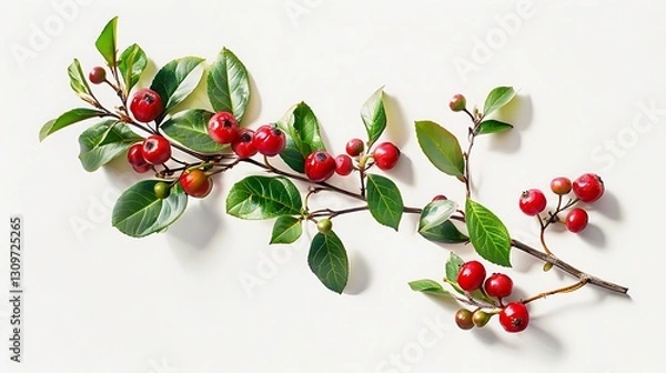 Fototapeta Red Berries and Green Leaves Branch on White Background