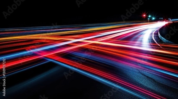 Fototapeta A night drive captured in slow shutter speed, creating abstract streaks of colorful lights from passing vehicles.