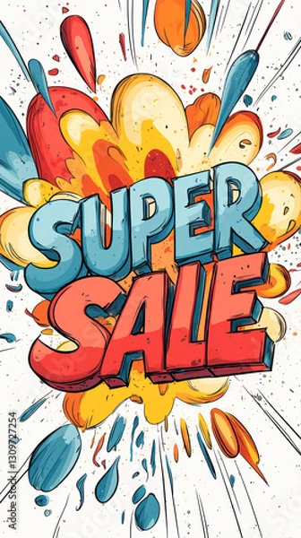 Fototapeta Bold "SUPER SALE" text in a dynamic comic-style explosion with splashes of blue, red, and yellow on a white background, creating an energetic and eye-catching design.
