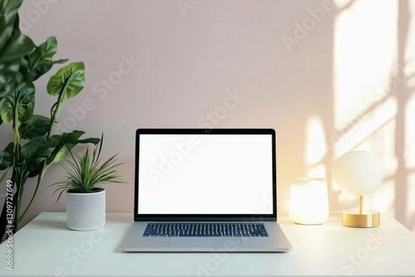Fototapeta Blank laptop screen on white table with soft lighting in room