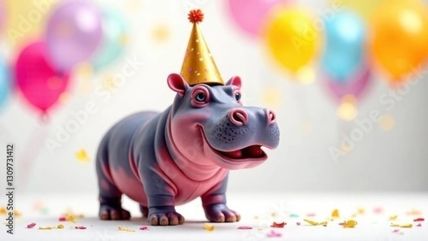 Obraz  happy hippopotamus on a background of balloons, holiday card or birthday card with funny hippopotamus