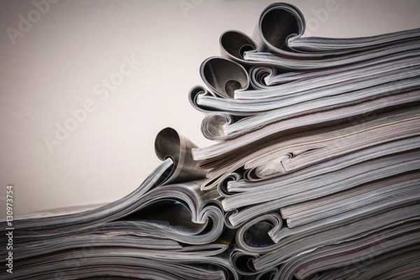 Fototapeta Several magazines opened and then stacked forming a pile with curls of paper