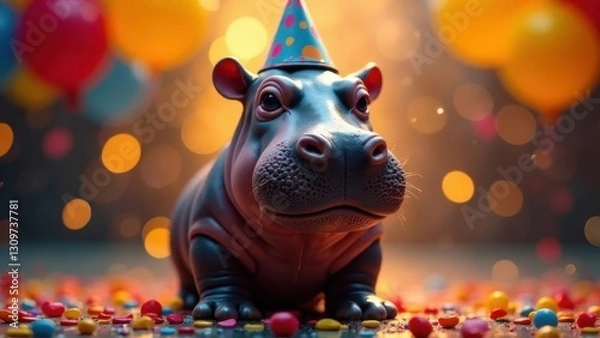 Obraz happy hippopotamus on a background of balloons, holiday card or birthday card with funny hippopotamus