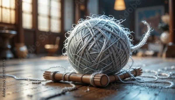 Fototapeta A ball of light gray yarn rests on a rustic wooden surface near a sunlit window