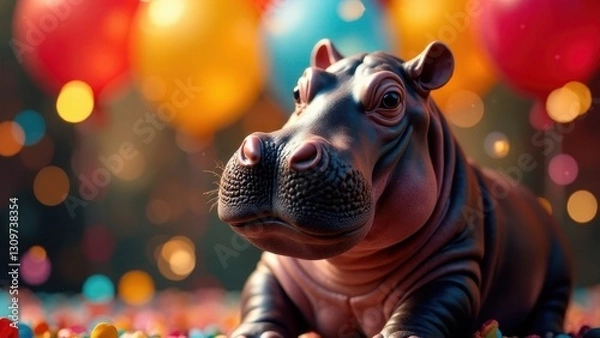 Obraz happy hippopotamus on a background of balloons, holiday card or birthday card with funny hippopotamus