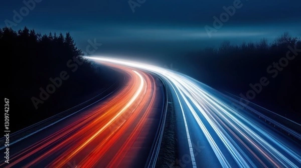 Fototapeta A surreal long-exposure shot of a single car driving on a lonely highway at night, surrounded by endless motion trails.