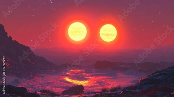 Fototapeta Double suns over fiery alien landscape
