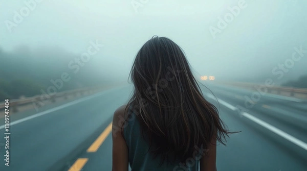 Obraz Woman walking on the foggy road at dusk. AI image