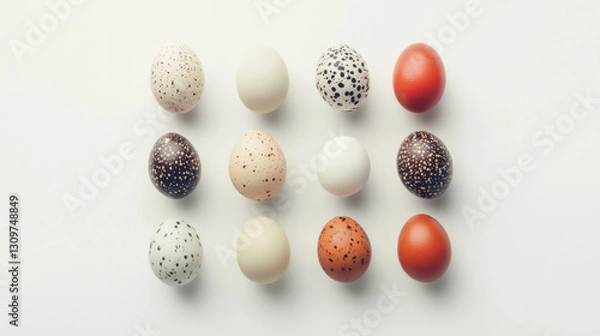 Fototapeta Nine fresh quail eggs are arranged neatly on a white background highlighting their delicate shells and natural texture. AI generative