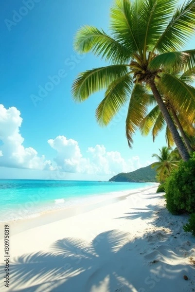 Fototapeta Sun-drenched palms, pristine beach, turquoise ocean , getaway, tropical island, bright