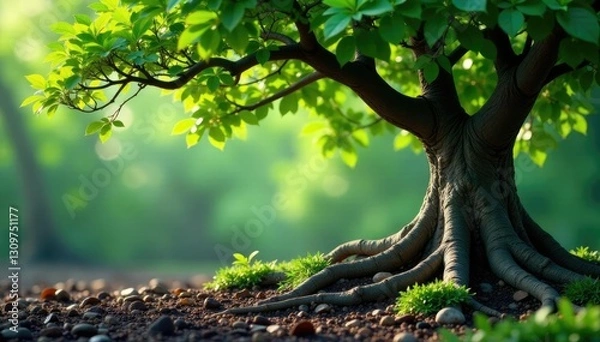 Fototapeta Tree with interesting roots that have grown out of the ground, natural, tree