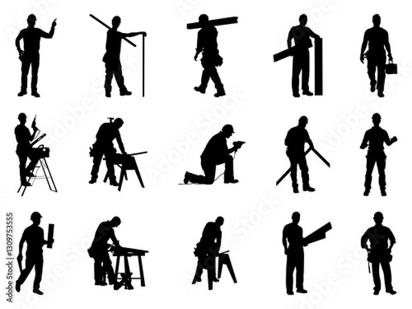 Fototapeta Set of Carpenter Silhouette in various poses isolated on white background