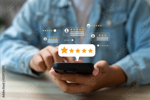 Fototapeta Online customer satisfaction Survey service concept, client rate service from experience in application,Consumer give five-Stars and feedback review for quality, Business reputation ranking from buyer