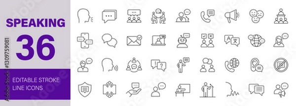 Fototapeta Speaking icon set. Communication related icons: speech, talk, discussion, speech bubble, team, meeting, people, business and more. Editable line icons. Vector illustration.