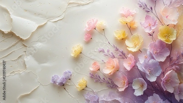 Fototapeta Delicate pastel flowers bloom in shades of pink, yellow, and purple against a soft, textured light background, capturing the essence of springtime elegance and freshness